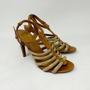 TORY BURCH Women’s Brown Gold Leather CHARLENE Caged Strappy Heeled Sandals 8.5
